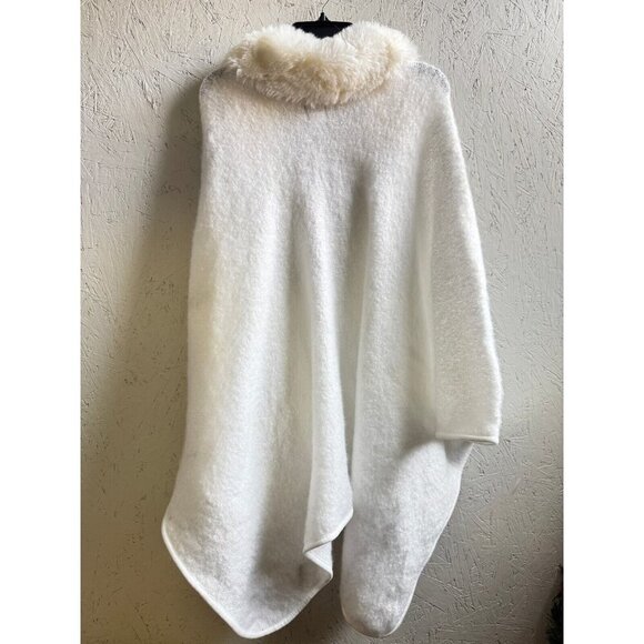 INC Inter. Concepts faux-fur trim fringe open front ruana poncho topper - White - Picture 7 of 7